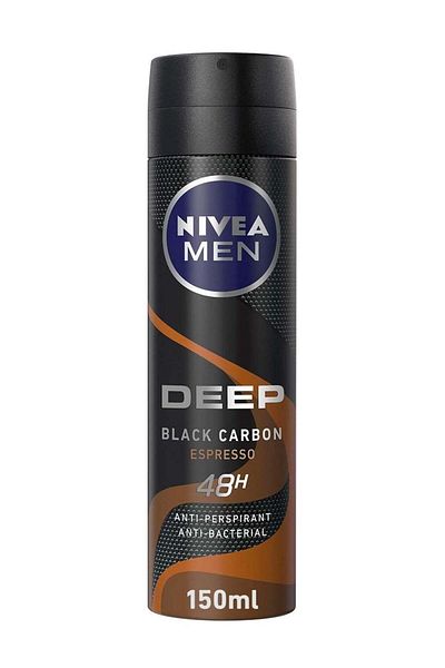 NIVEA سبراي مضاد للتعرق ديب بلاك كاربون للرجال - مضاد للبكتيريا - برائحة الإسبريسو - 150 مل