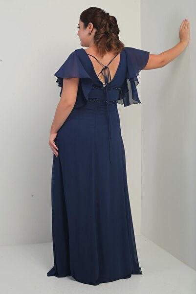 By Saygı Women's Front Back V Neck Flounced Sleeve Lined Waist Beaded Pockets Plus Size Chiffon Dress