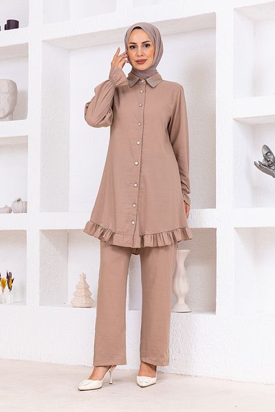 OKTAYUSTA COLLECTİON Stone Detailed Modal Cotton Double Bottom-Top Set Mink
