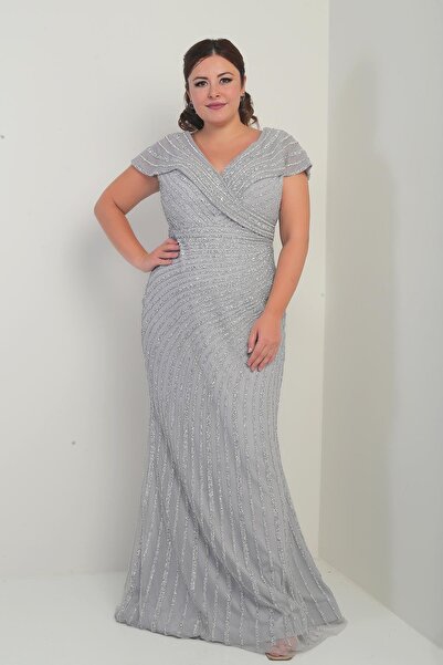 By Saygı Women's Front Back V-Neck Stone Printed Lined Plus Size Fish Dress