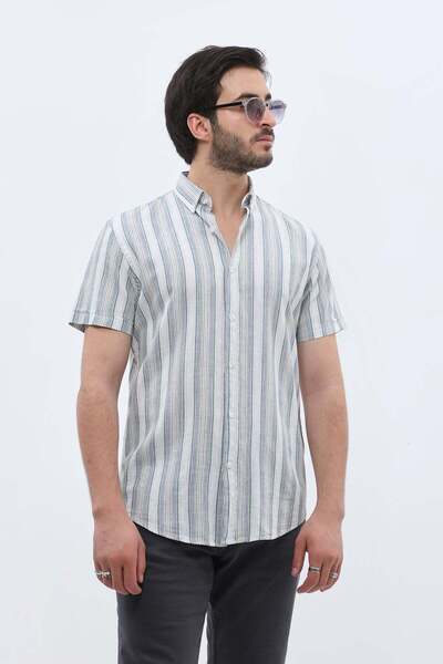 SHIRTSPRO shirtpro cotton regular fit short sleeve button down collar shirt in green color stripes pattern