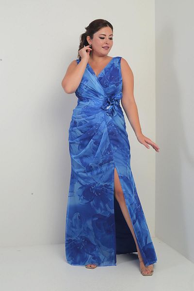 By Saygı Women's Front Back V Neckline Lined Front Draped 3D Floral Print Plus Size Tulle Long Dress