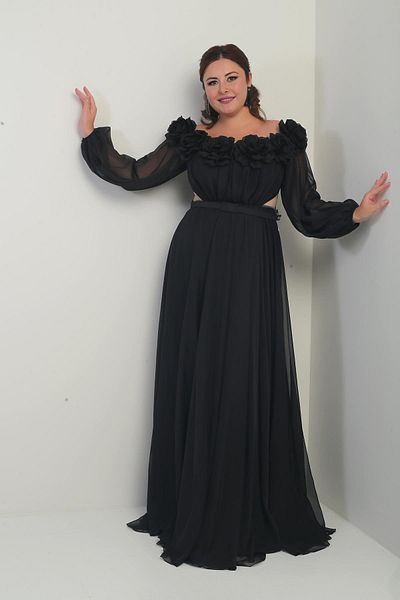 By Saygı Floral Madonna Collar Belted Lined Chiffon B.B. Long Dress
