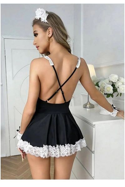 Qvien Secret Women's Black Maid Sexy Costume Dress Nightdress