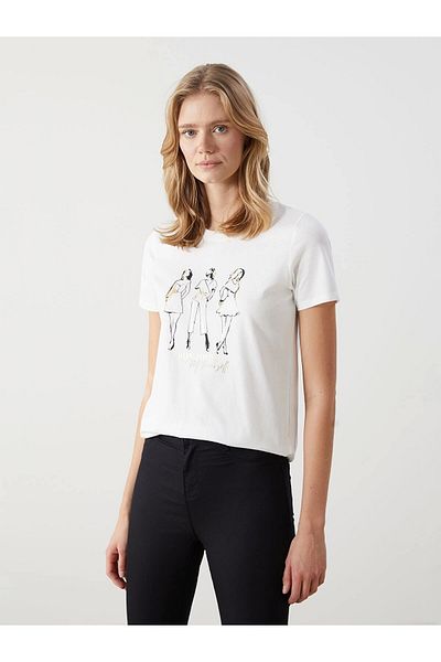 LC Waikiki Lcw Vision Ecru Crew Neck Printed Women's T-Shirt
