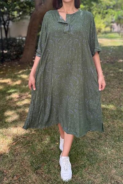 AYASOFYA OTANTIK Women's Green Button Round Neck Pocket Shawl Pattern Short Sleeve Dress