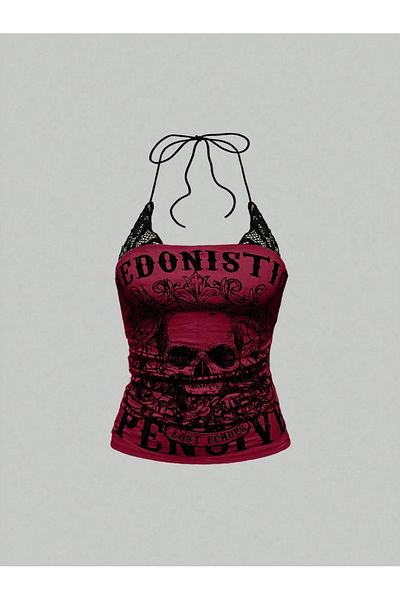 Touz Moda Grunge Punk Y2K Punk Skeleton Skull με στάμπα αντίθεσης δαντέλα αμάνικο γιλέκο