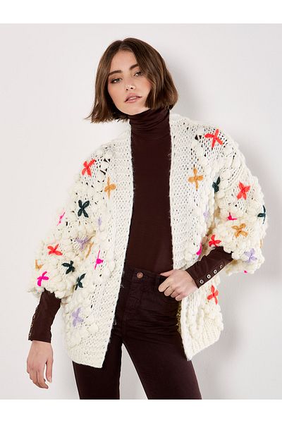 Apricot Mehrfarbige Blumen 3D-Strickjacke