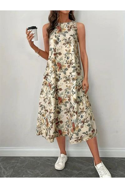 Monapera Round Neck Floral Patterned Midi Length Imported Linen Dress