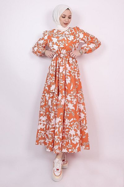 Lucia Fashion Λευκό Floral Flared Hijab Εποχιακό Φόρεμα