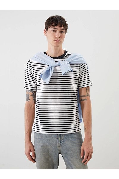 LC Waikiki Xside Black Crew Neck Striped Combed Cotton Men's T-Shirt