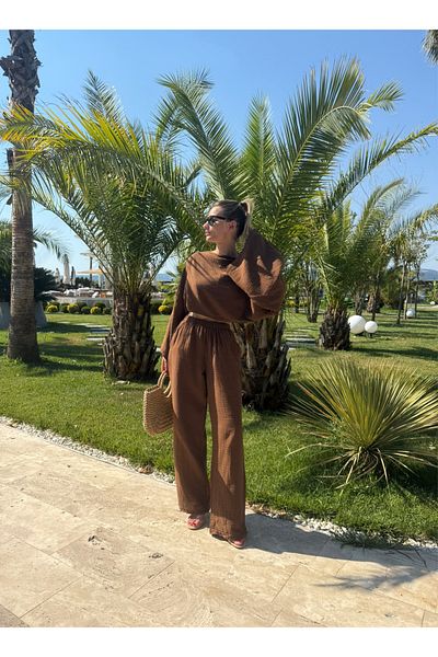 NET OF NOT Gloria Brown Muslin Fabric Blouse Pants Set