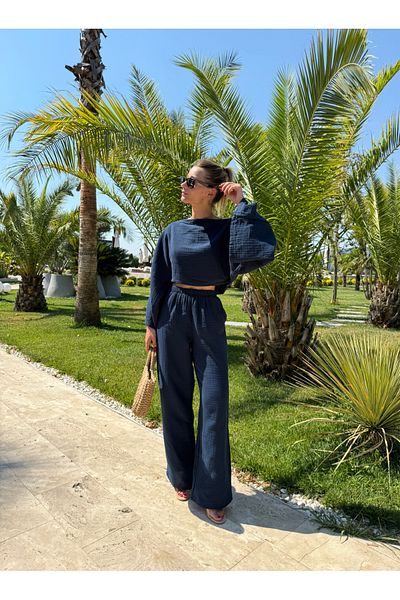 NET OF NOT Gloria Navy Blue Muslin Fabric Blouse Trousers Set