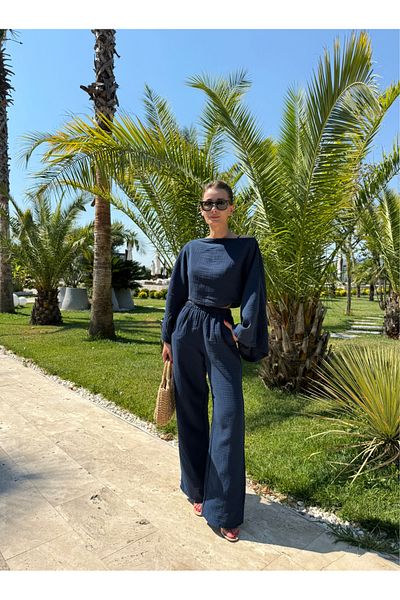 NET OF NOT Gloria Navy Blue Muslin Fabric Blouse Trousers Set