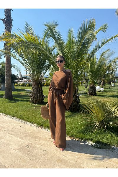 NET OF NOT Gloria Brown Muslin Fabric Blouse Pants Set