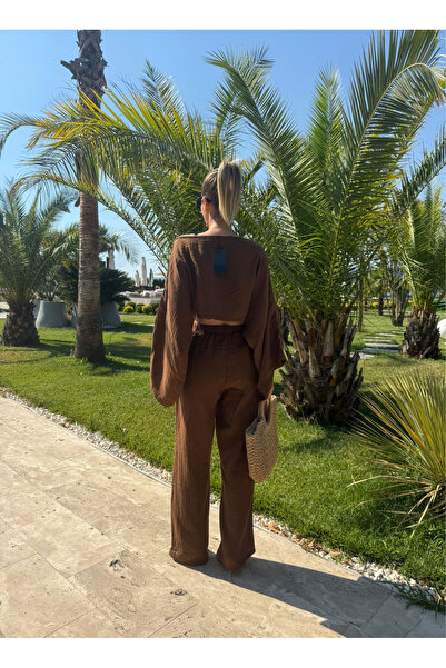 NET OF NOT Gloria Brown Muslin Fabric Blouse Pants Set