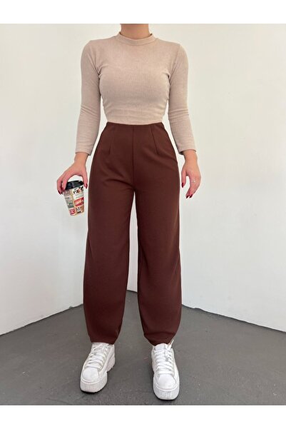 ALPACO Pantaloni cu talie elastică - maro