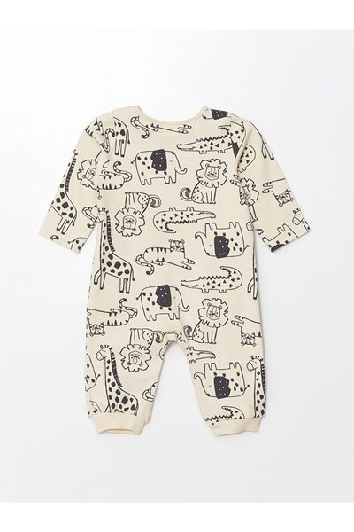 LC Waikiki Beige Crew Neck Printed Baby Boy Jumpsuit