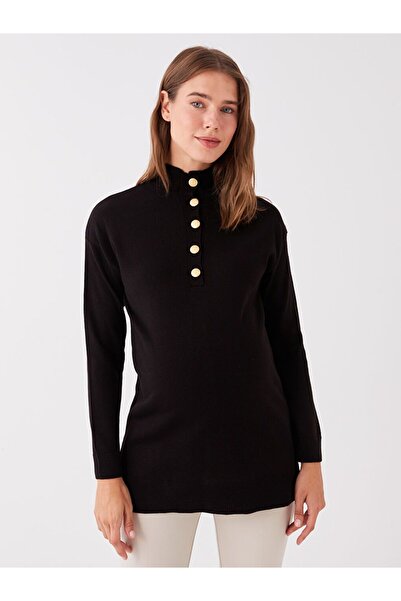 LC Waikiki Μαύρο μισό ζιβάγκο με μακρύ μανίκι πλεκτό τούνικ εγκυμοσύνης