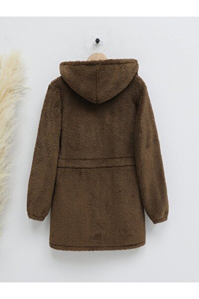 ALPACO Elastic Waist Hooded Zippered Plush Coat - Brown - Collection