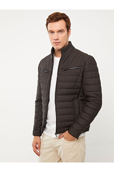 LC Waikiki Καφέ εφαρμοστό ψηλός λαιμός Ανδρικό εφέ δέρματος Παλτό