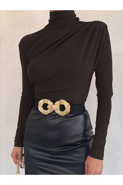 KAZAK Half-Neck Gathered Sandy Blouse - Brown