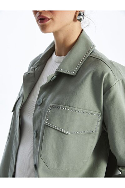 LC Waikiki Πράσινο ίσιο μακρυμάνικο γυναικείο πουκάμισο oversized