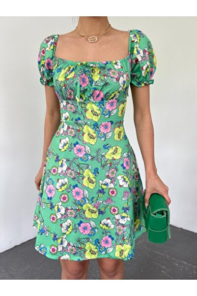 COjans Mini Dress with Elastic Collar and Lace Detail -A.Green