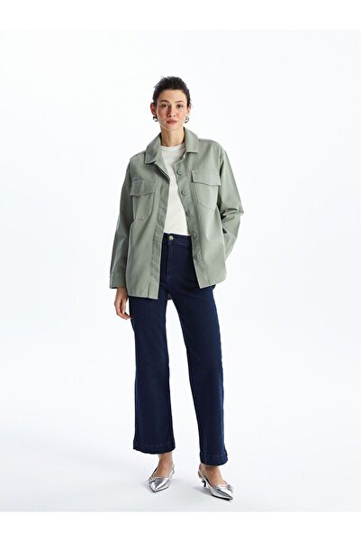 LC Waikiki Πράσινο ίσιο μακρυμάνικο γυναικείο πουκάμισο oversized