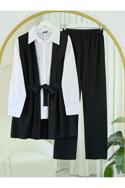 Modamorfo Waist Belted Side Pocket Vest Trousers Crinkle Suit - Black