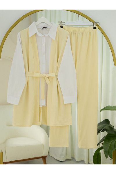 Modamorfo Waist Belted Side Pocket Vest Trousers Crinkle Suit - Light Yellow