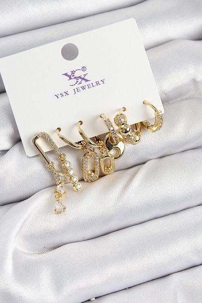 norsary Brass Zircon Stone Rectangular Model Silver Color 3-Piece Double Women's Earrings
