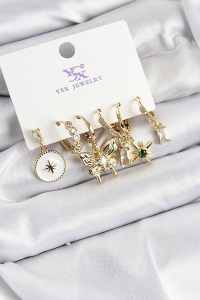 norsary Brass Zircon Stone Butterfly and Star Model Gold Color 3-Piece Double Women's Earrings