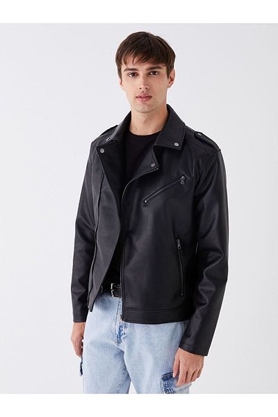LC Waikiki Мъжко палто с кожена визия и байкерска яка LCW Casual Slim Fit