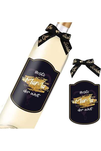 Rnairni gift bottle sticker and ribbon set, paper/ribbon, gold/black/white, 8.5 x 10.5 cm