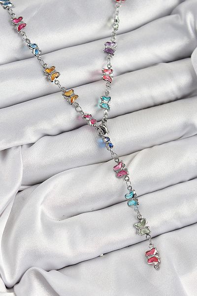 norsary Brass Colored Zircon Stone Butterfly Model Silver Color Women's Y Necklace