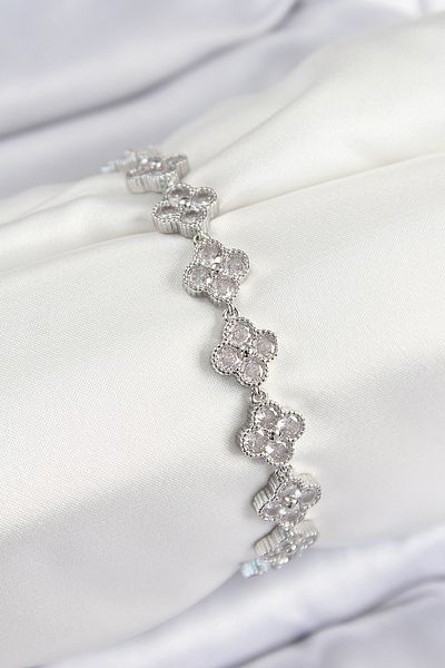 norsary Brass Zircon Stone Clover Model Silver Color Vip Series Women's Bracelet