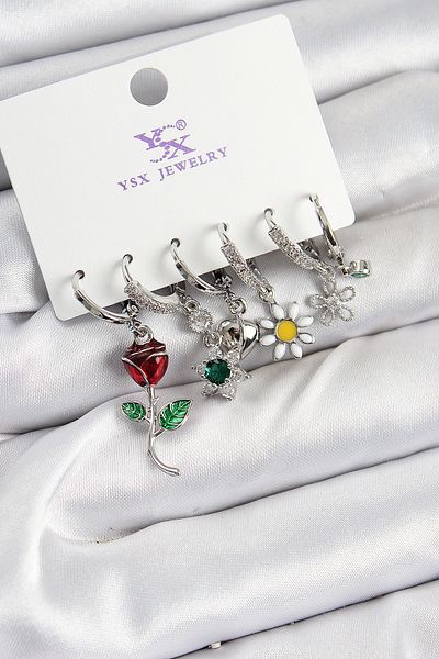 norsary Brass Zircon Stone Rose and Daisy Model Silver Color 3-Piece Double Women's Earrings