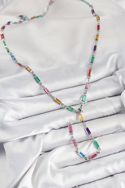 norsary Brass Colored Zircon Stone Rectangular Model Silver Color Women's Y Necklace