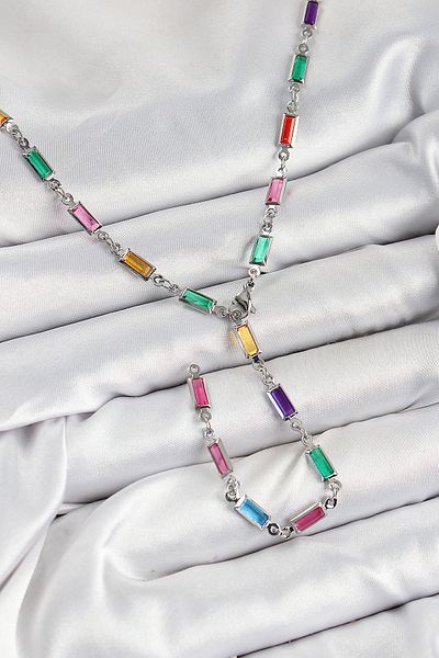 norsary Brass Colored Zircon Stone Rectangular Model Silver Color Women's Y Necklace