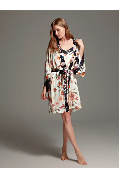 BONJOUR MADAME Bjm-1414 Gecelik & Sabahlık Takımı - Desenli İpeksi Likra Saten Siyah Siyah