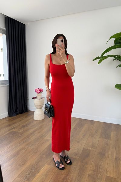 BİRCANÇİL Norwy Red Square Collar Knitwear Dress