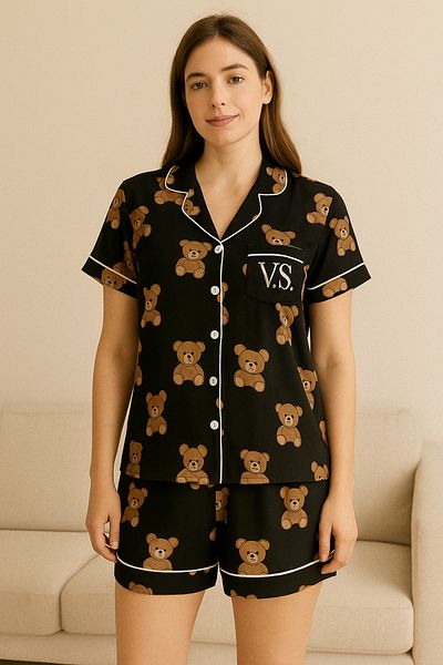 FENZO Cotton Viscose Women's Teddy Bear Shorts Set Short Sleeve Top Bottom Short Black-And-White Shorts Casual Homewear