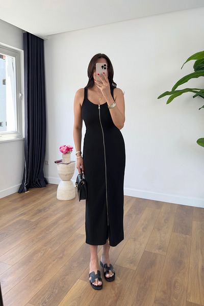 BİRCANÇİL Kehna Black Zipper Detailed Strap Ribbed Dress