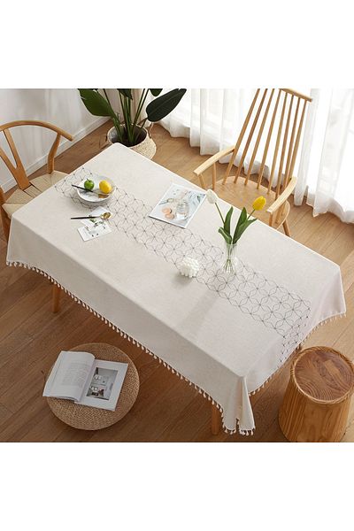 fun zone 1pcs Nordic Tassel Tablecloth Tablecloth Rhombus Geometric Embroidery Cotton Linen 90*140 cm