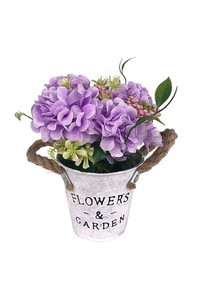 OEM Metal pot shaped like a bucket with rope handles and plastic carnation, M6, 15x22 cm