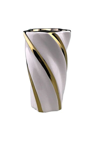 OEM Ceramic Vase with Embossed Stripes, 13x28 cm, White-Gold