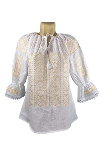OEM Women's blouse, Cotton, 3/4 Sleeve, Traditional Embroidery Beige, Size 2XL