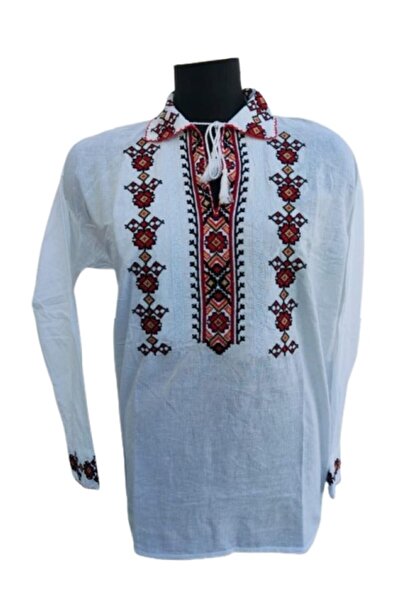 OEM Traditional Men's Cotton Blouse with Light Red Embroidery, Size S