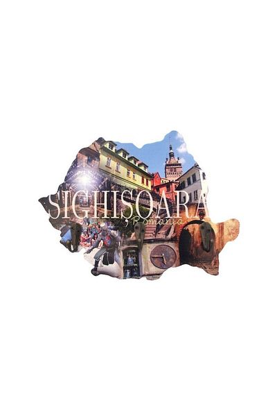 OEM Cuier din lemn, formă de hartă cu scrierea Sighișoara și 3 cârlige, 23 x 18 cm